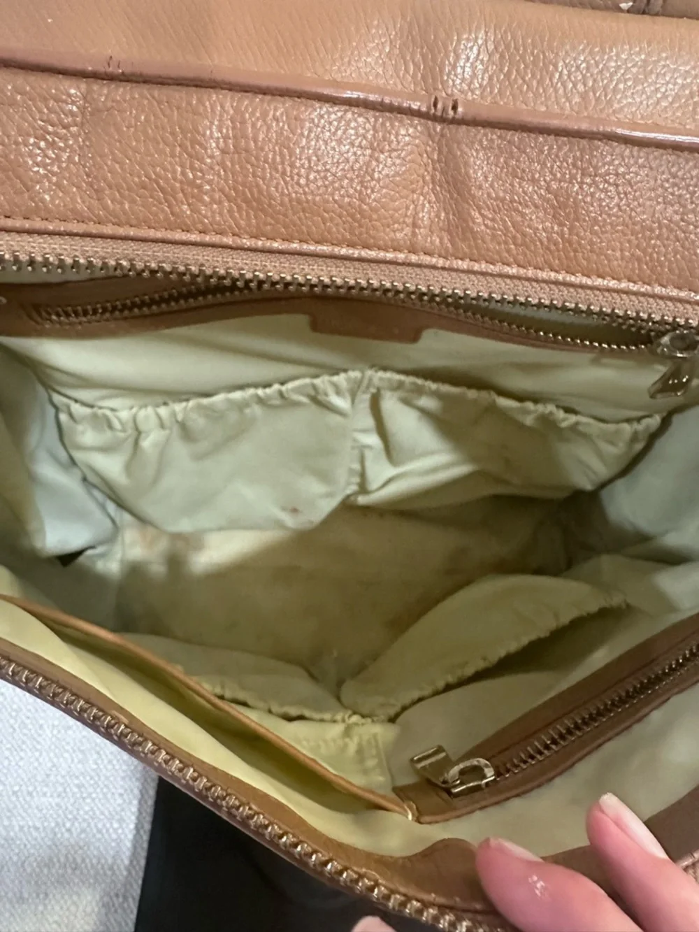 Mina Baie Leather Harper Baby Bag in Tan & Neoprene diaper changing pad